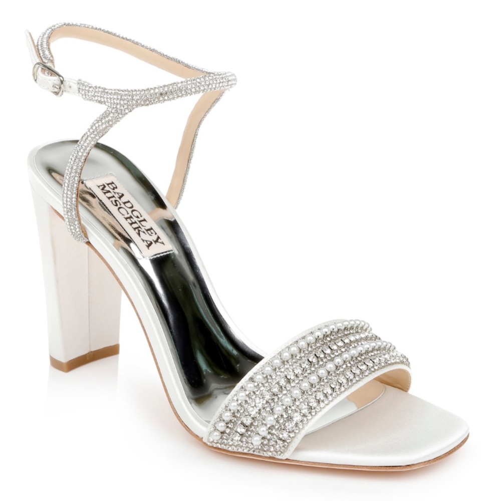 Badgley Mischka Silver Crystal Embellished Block Heel Sandals